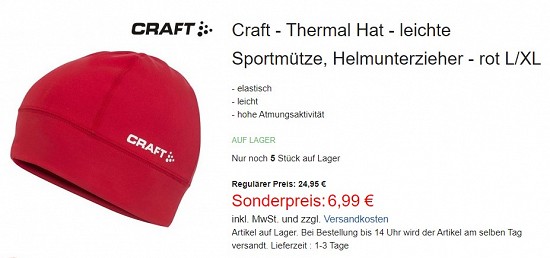 Craft - Thermal Hat - leichte Sportmütze, Helmunterzieher 6,99€ - 71% reduziert