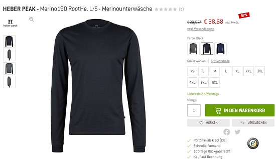 Bergfreunde Preisgrounder - 57% auf Merinounterwäsche von Heber Peak