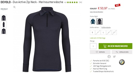 Bergfreunde Preisgrounder:  40% auf Merinounterwäsche von Devold