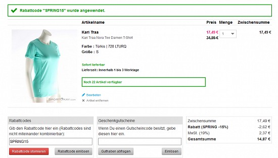 15% Extra-Rabatt auf alles bei sportokay