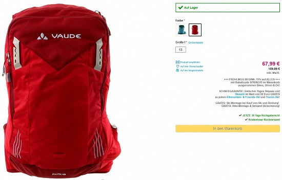 Vaude Path 13l Bikerucksack 67,99€- 38% reduziert