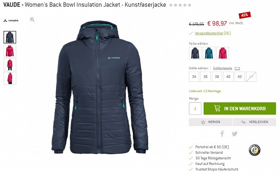 VAUDE - Women's Back Bowl Insulation Jacket - Kunstfaserjacke 98,97€ - 45% weniger