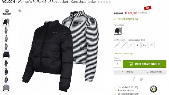 Volcom - Women's Puffs N Stuf Rev Jacket - Kunstfaserjacke 69,95€ - 50% gespart