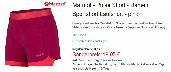 Marmot - Pulse Short - Damen Sportshort Laufshort 19,95€ - 63% weniger
