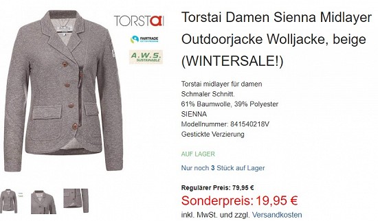 Torstai Damen Sienna Midlayer Outdoorjacke Wolljacke 19,95€ - 75% Ersparnis