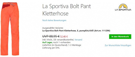 La Sportiva Bolt Pant Kletterhose 52,48€ - 41% gespart