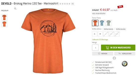 Bergfreunde Preisgrounder: 40% auf Merinoshirts von Devold