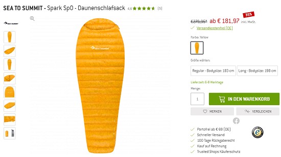 Bergfreunde Preisgrounder - 35% auf SEA TO SUMMIT - Spark SpO - Daunenschlafsack & NEMO - Tensor Insulated - Isomatte