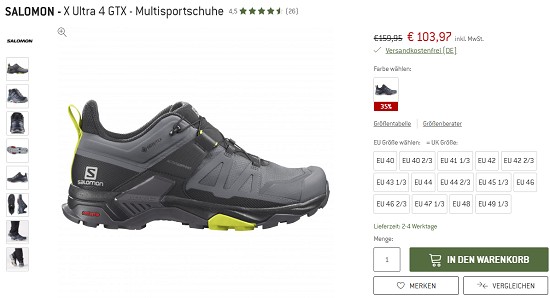 Bergfreunde Preisgrounder: 35% auf Salomon - X Ultra 4 GTX - Multisportschuhe