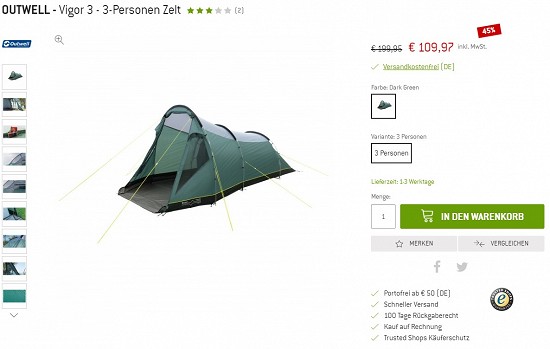 Outwell - Vigor 3 - 3-Personen Zelt 109,97€ - 45% billiger