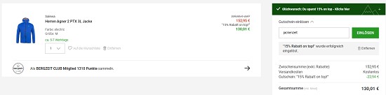 15% extra auf reduzierte Jacken bei bergzeit