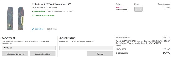 20% on Top auf Ski & Freeride Artikel bei sportokay