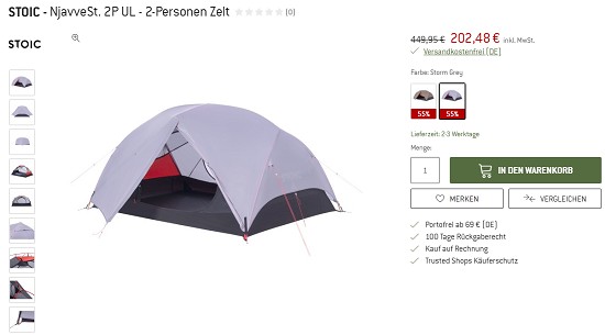 Bergfreunde Preisgrounder: 55% auf Zelte von Stoic