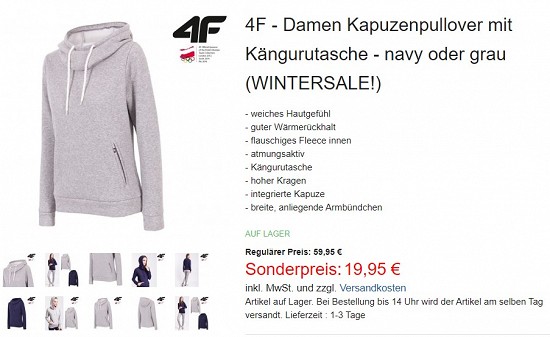 4F - Damen Kapuzenpullover mit Kängurutasche 19,95€ - 66% gespart