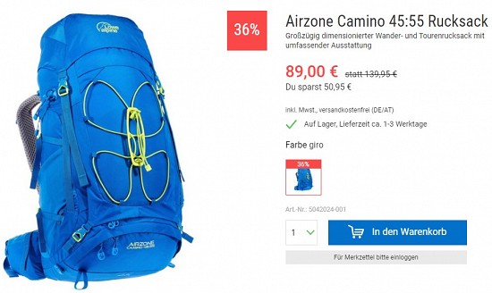 Airzone Camino 45:55 Rucksack 89,00€ - 36% Ersparnis