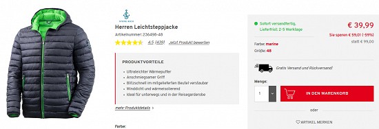 Stone Rich Leichtsteppjacke für Damen und Herren 59% reduziert bei vorteilshop