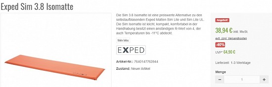 Exped Sim 3.8 Isomatte 38,94€ - 40% gespart