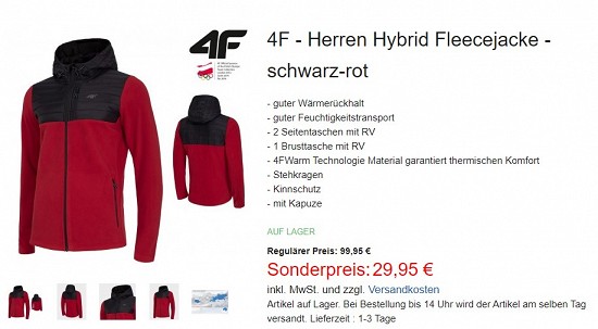 4F - Herren  Hybrid Fleecejacke 29,95€ - 70% einsparen