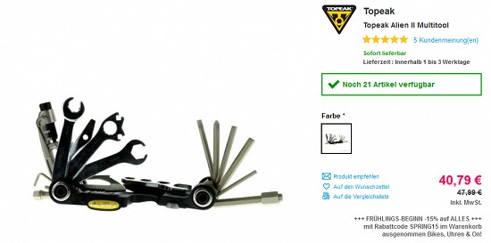 15% Rabatt auf Bikewerkzeug & Pflegeartikel bei sportokay