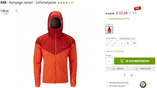 Rab - Rampage Jacket - Softshelljacke 55,98€ - 60% gespart