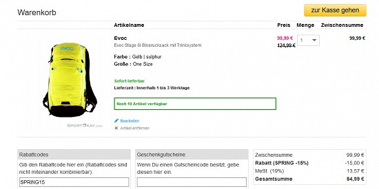 30% Rabatt auf ausgewählte Bikedeals von Evoc bei sportokay