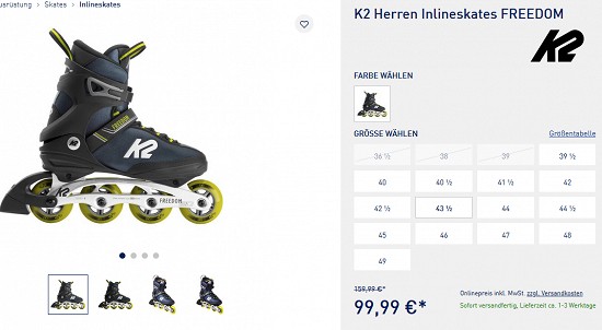 Deal of the Day: K2 FREEDOM-Herren Inlineskates für 99,99€ - jetzt 38% reduziert bei intersport