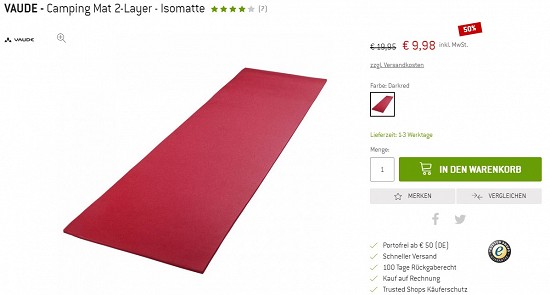 Vaude - Camping Mat 2-Layer - Isomatte 9,98€ - 50% günstiger