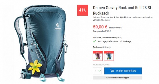 Osterdeal bei bergzeit - Deuter Kletterrucksack 41% reduziert (m/w)