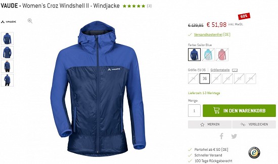 Vaude - Women's Croz Windshell II - Windjacke 51,98€ - 60% günstiger