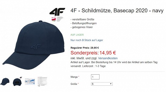 4F - Schildmütze, Basecap 2020 für 14,95€ - 50% reduziert