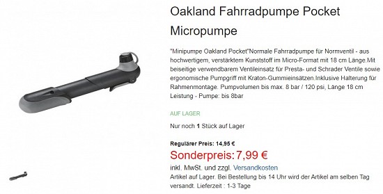 Oakland Fahrradpumpe Pocket Micropumpe 7,99€ - 50% reduziert