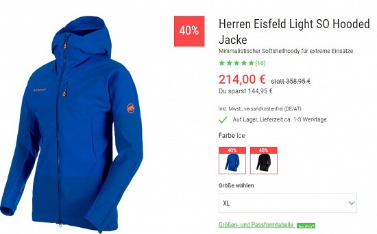 Mammut Herren Eisfeld Light SO Hooded Jacke 214,00€ - 40% günstiger