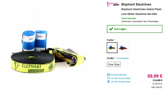 Elephant Addict Flash Line-Slackline für 69,99€ bei sportokay - jetzt 39% reduziert