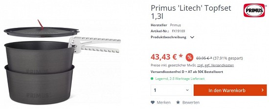 Primus 'Litech' Topfset 1,3l für 43,43€ - 37% billiger