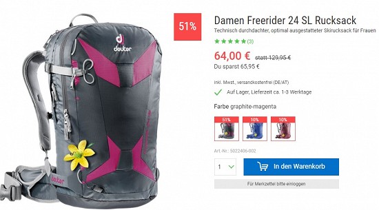 Deuter Damen Freerider 24 SL Rucksack 64,00€ - 51% weniger