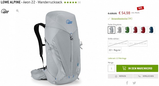 Lowe Alpine - Aeon 22 - Wanderrucksack 54,98€ - 50% weniger