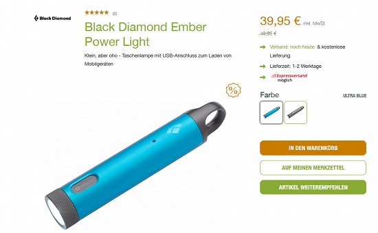 Black Diamond Ember Power Light-Taschenlampe mit USB für 39,95€ - jetzt 20% reduziert bei unterwegs