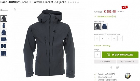 Backcountry - Gore 3L Softshell Jacket - Skijacke 202,48€ - 55% Ersparnis