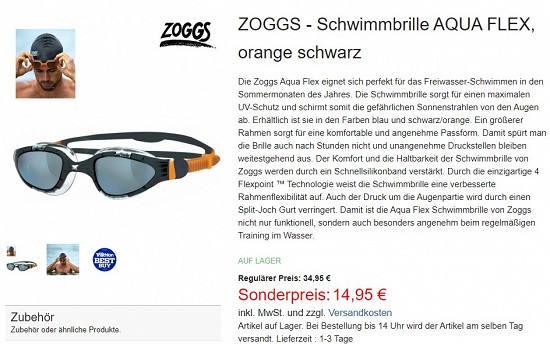 Zoggs - Schwimmbrille Aqua Flex 14,95€ - 57% billiger