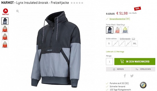 Marmot - Lynx Insulated Anorak - Freizeitjacke 51,98€- 60% gespart