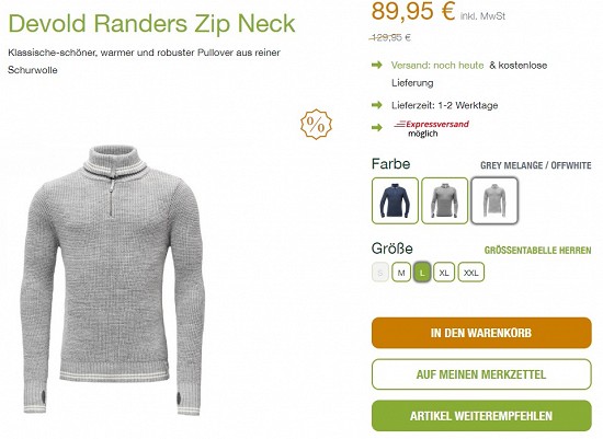 Devold Randers Zip Neck 89,95€ - 30% weniger