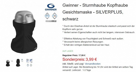 Gwinner - Sturmhaube Kopfhaube Gesichtsmaske 3,99€ - 77% billiger
