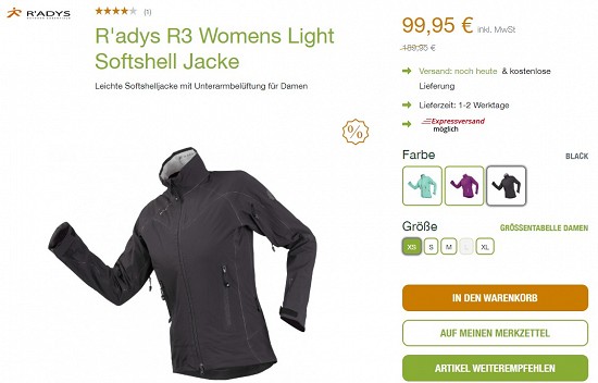 R'adys R3 Womens Light Softshell Jacke 99,95€ - 47% Ersparnis
