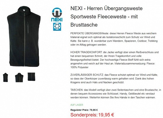 Nexi - Herren Übergangsweste Sportweste Fleeceweste 19,95€ - 75% weniger