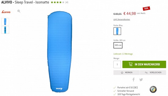 Alvivo- Sleep Travel - Isomatte 44,98€ - 50% billiger