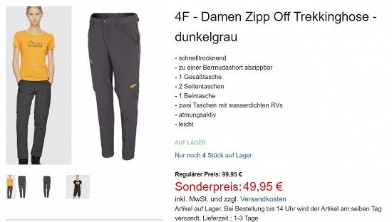 4F - Damen Zipp Off Trekkinghose 49,95€ - 50% reduziert