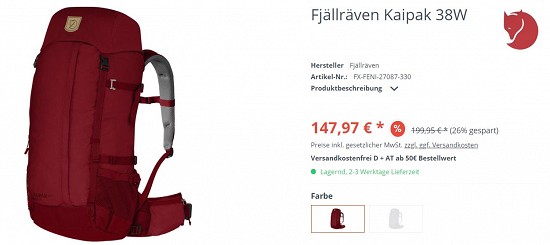 Fjällräven Kaipak 38W 146,97€ - 26% günstiger