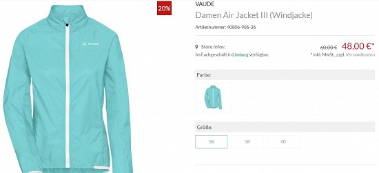 Vaude Women's Air Jacket III für 48,00€ - 20% reduziert