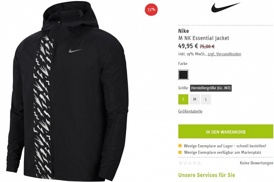 Nike Essential Running Jacket 49,95€ - 33% günstiger