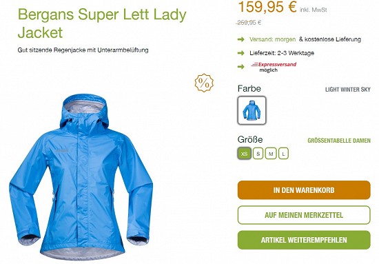 Bergans Super Lett Lady Jacket 159,95€ - 38% günstiger